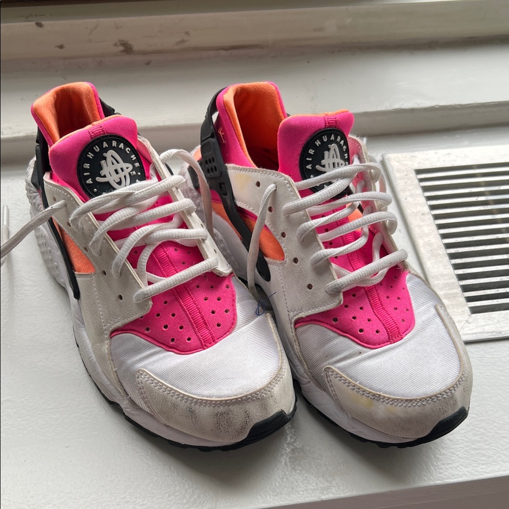 Nike Air Huarache Pink, White, and Orange Sneakers